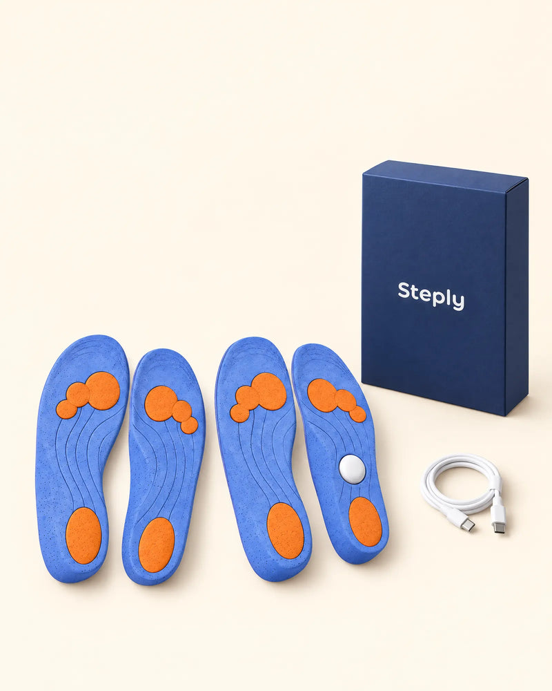 Steply Set mit Box, zwei Paar Sohlen, Tracker und USB-C-Kabel