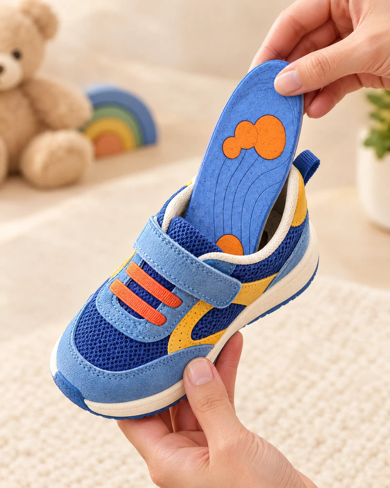 Eine Steply-Sohle wird in einen Kinder-Sneaker geschoben