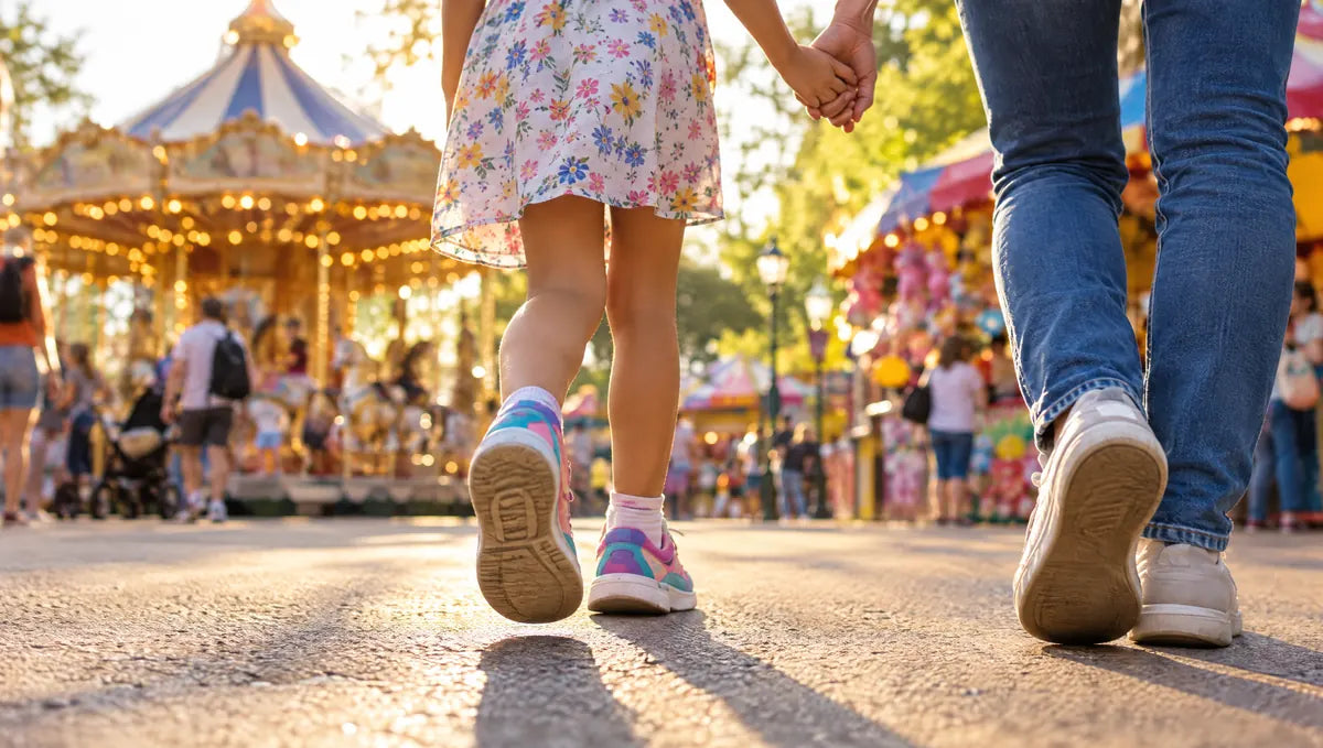 Kind und Elternteil gehen Hand in Hand durch einen sonnigen Freizeitpark, im Hintergrund ein Karussell