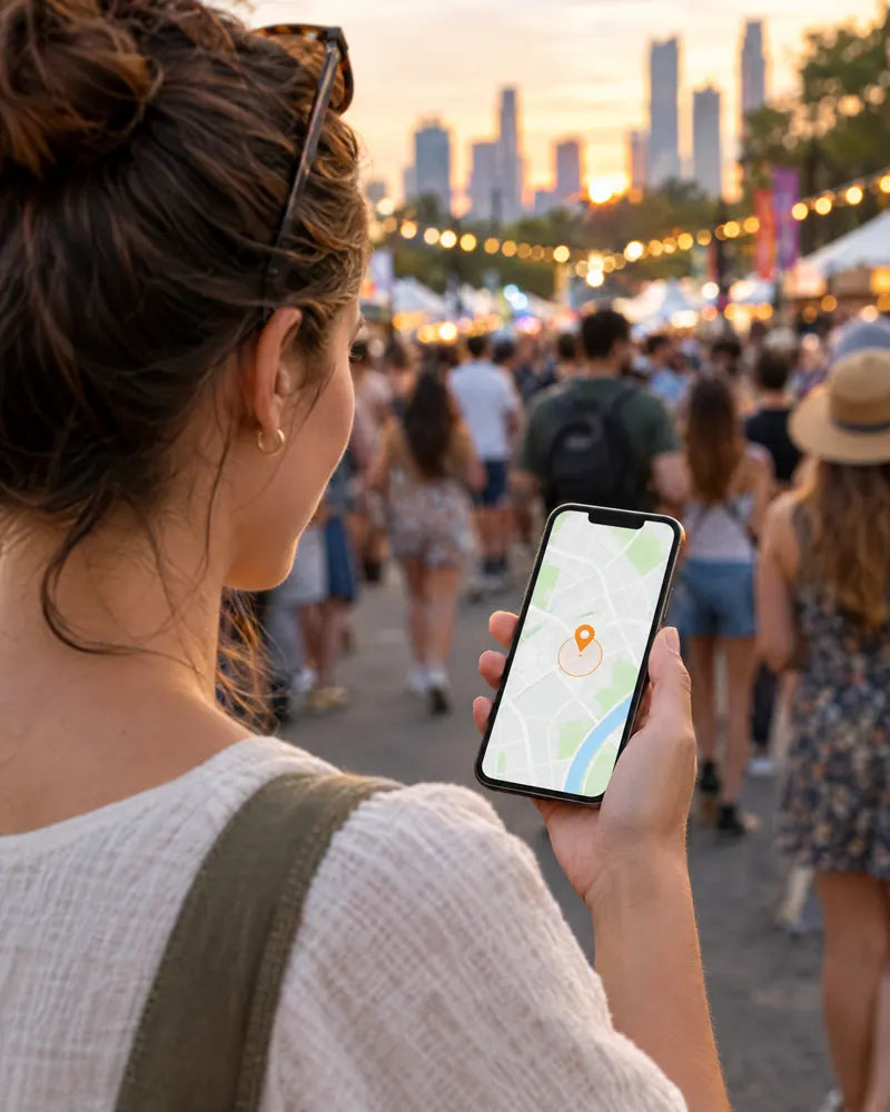 Elternteil auf einem Stadtfest schaut aufs Handy, die Karte zeigt einen orangen Standort-Pin