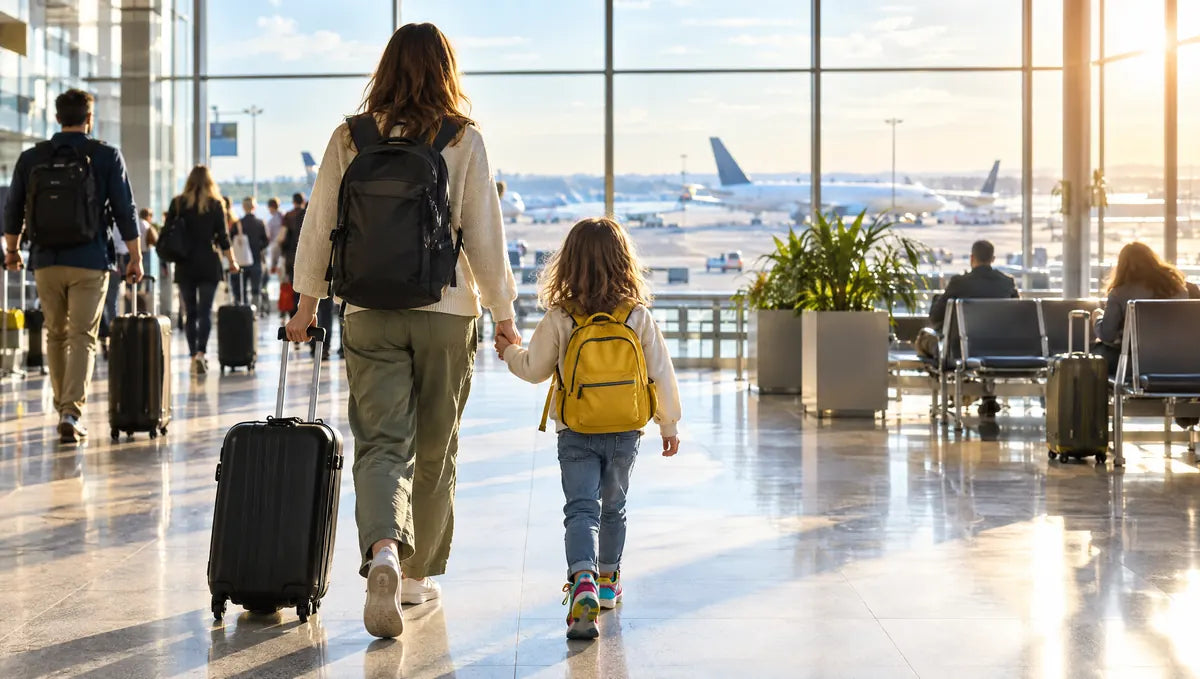 Elternteil und Kind mit gelbem Rucksack gehen Hand in Hand durch einen hellen Flughafen